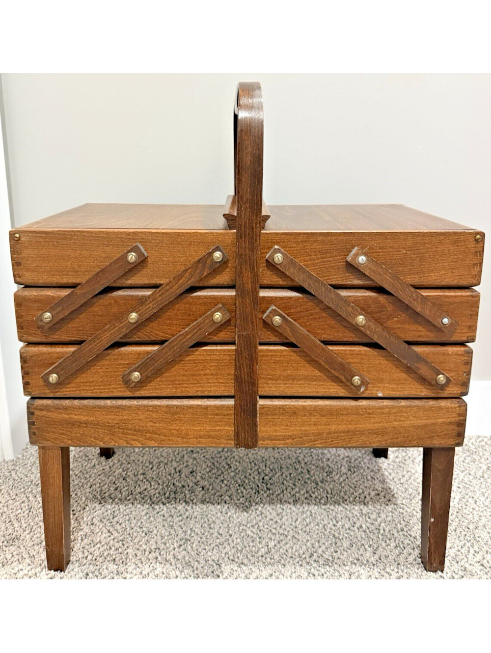 Vtg MCM Accordion Wood Sewing Box Cantilever Craft Storage 21"L w/legs